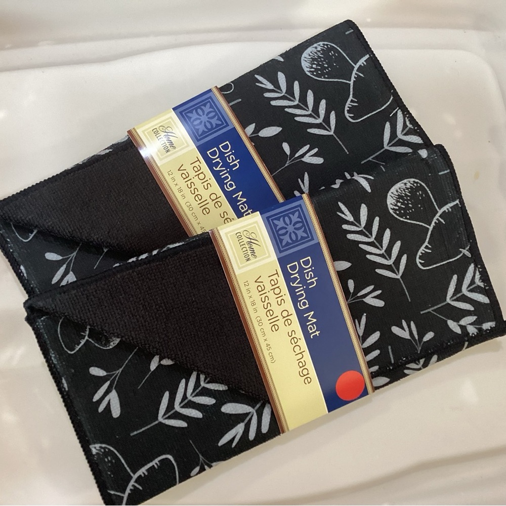 New set of 2 black gray mushroom design  dish drying mats 12” by 18”